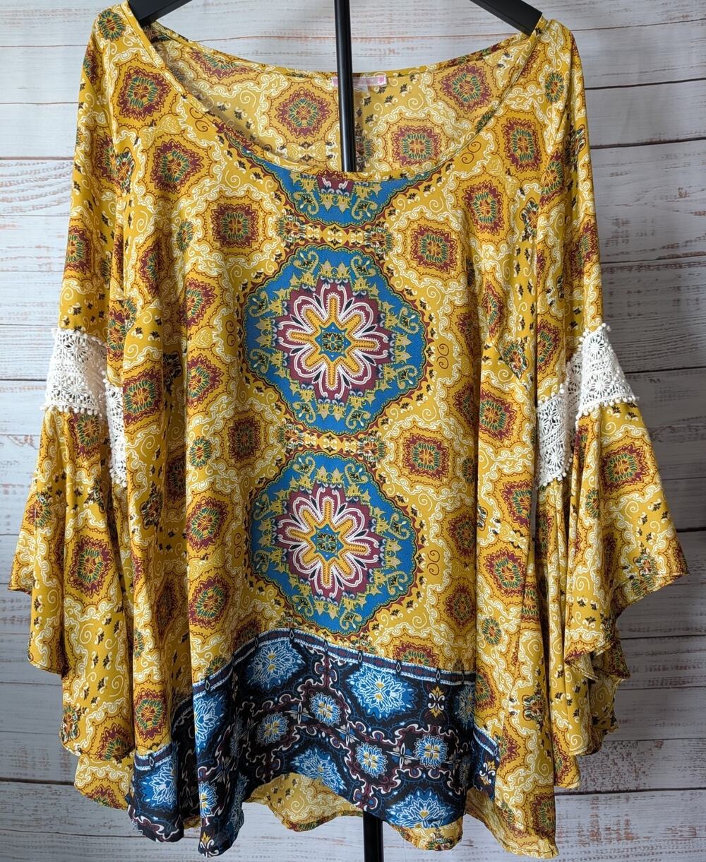 Boho Mosaic Print Tunic Top Yellow Blue Patterned Hippie Folkcore Festival Style